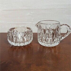 VINTAGE Crystal Creamer and Sugar Bowl Set Pressed Diamond Pattern Elegant Tea